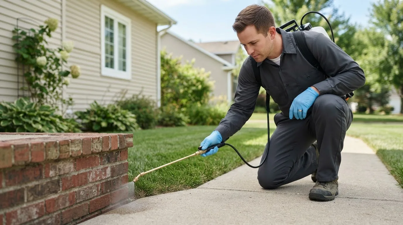 Pest control technician treating a home near Baldwin, GA